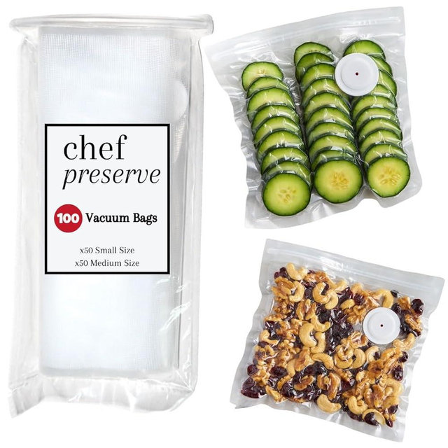 Chef Preserve Reusable Vacuum Sealer Bags for Food – 100 BPA-Free Food Storage Bags, Freezer, Microwave – Odor-Resistant, Leak-Proof – Compatible with Chef Preserve Vacuum Sealers