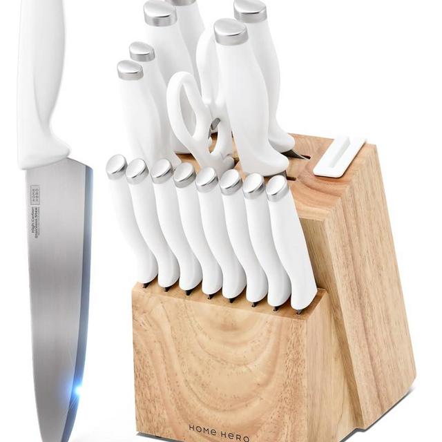 Home Hero Kitchen Knife Set with Sharpener - High Carbon Stainless Steel Knife Block Set with Ergonomic Handles (16 Pcs - White)