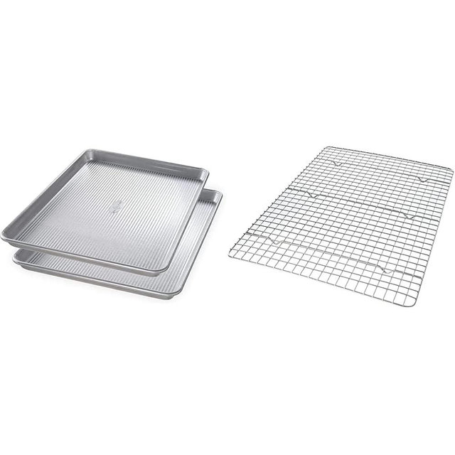 USA Pan Half Sheet Pan Set of 2 and Bakeable Cooling Rack, Aluminized Steel