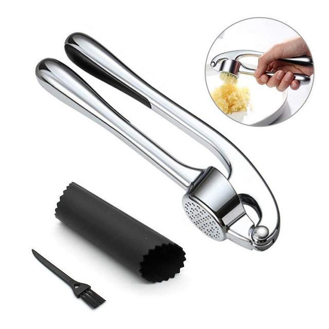 Garlic Press, Stainless Steel Garlic Press Tool with Cleaning Brush and Silicone Garlic Peeler 3 Pcs By Lechay