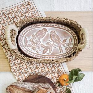 Bread Warmer & Basket Gift Set With Light Brown Tea Towel - Lovebird Oval