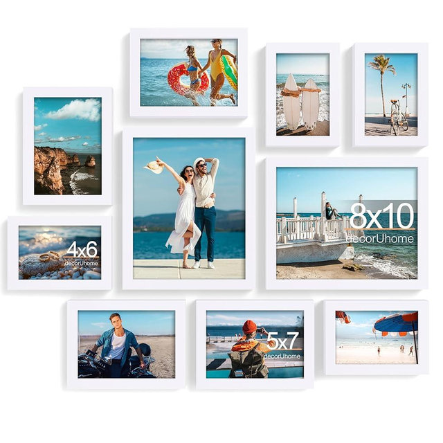 decorUhome Picture Frames Collage Wall Decor for Photo Gallery Display, Assorted Picture Frames set of 10 Including Two 8x10 / Four 5x7 / Four 4x6 for Family Wall Decor, White, 10 Pack