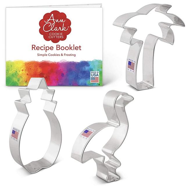 Ann Clark Cookie Cutters 3-Piece Tropical Hawaiian Cookie Cutter Set with Recipe Booklet, Pineapple, Palm Tree, and Flamingo