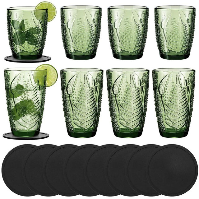 Ferrochef Vintage Green Drinking Glasses Set of 8 with Coasters 10 &12 oz Fern Leaves Textured Green Glass Cups Boho Aesthetic Retro Glassware Embossed Drinkware for Juice Water Cocktails Iced Tea