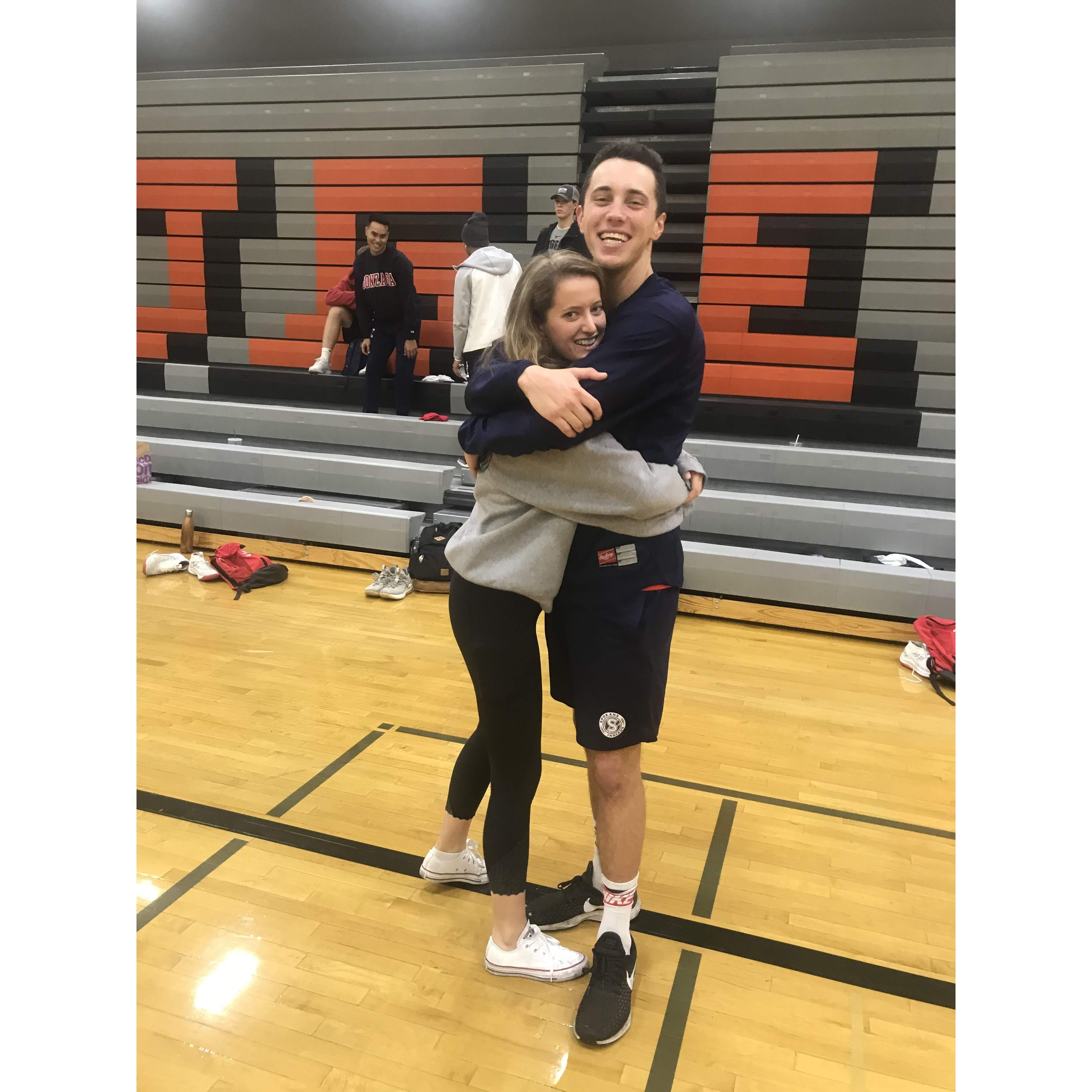 Spokane, WA: Trey and his #1 fan at final volleyball tournament with the Zags (2019)