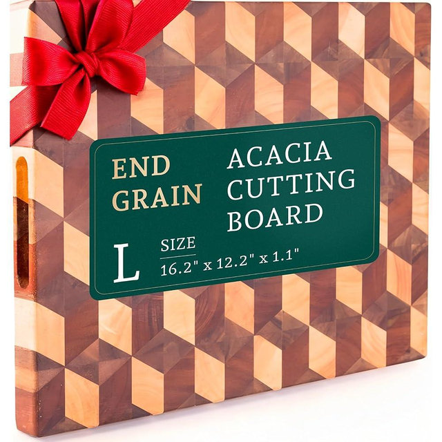 Handcrafted 3-D Checkered Acacia Wood Cutting Board - Reversible End Grain Large Butcher Block Cutting Board Serving Tray for Prep & Presentation - Multipurpose Wooden Charcuterie Board with Handles