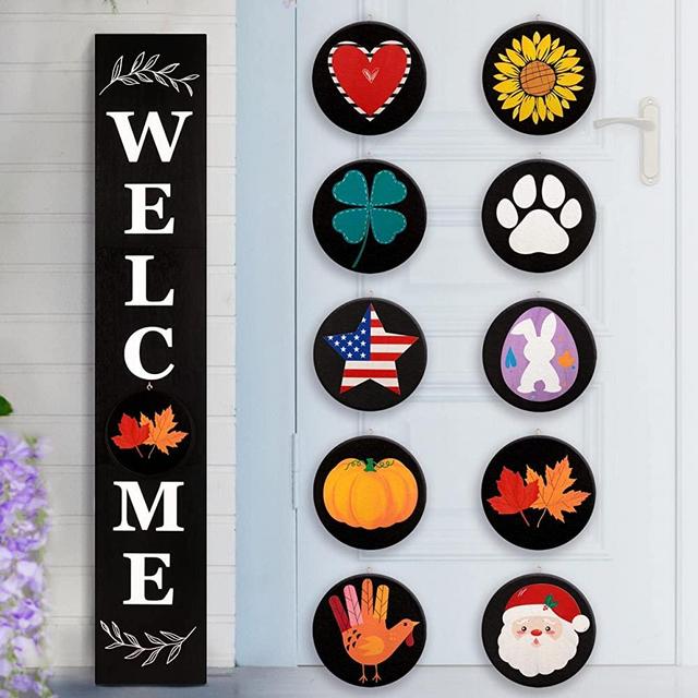 Perfnique Interchangeable Welcome Sign for Front Porch Standing, 47 x 7.9 Inch Black Wooden Leaner Sign with 10 Interchangeable Designed Icons(5 double sided disks), Modern Farmhouse Rustic Seasonal Decor for Summer American Y‘all Fall Christmas