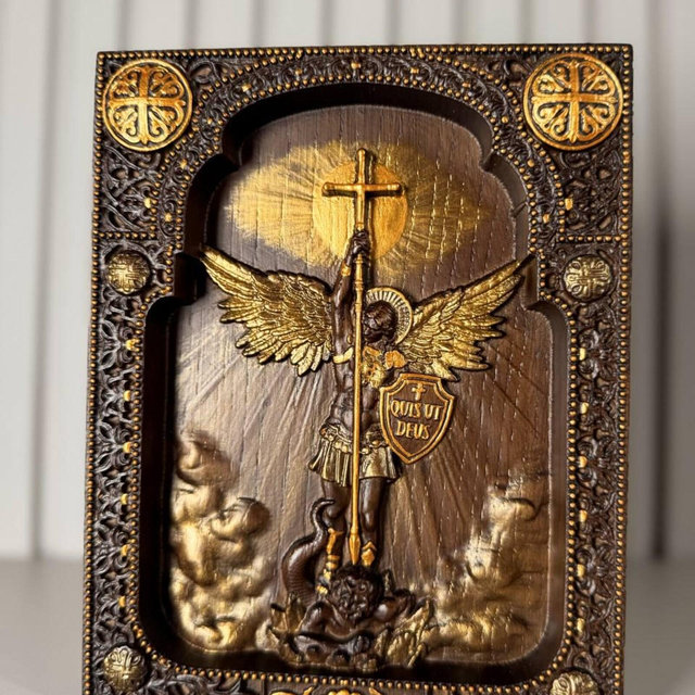 Hand Carved Archangel Michael Plaque: Religious Christian Wall Art