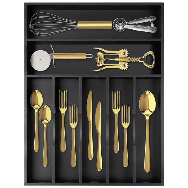 Conflech Silverware Organizer 13 Inch Bamboo Kitchen Drawer Organizer Utensil Organizer 7 Slots Silverware Holder Cutlery Organizer Flatware Tray Black