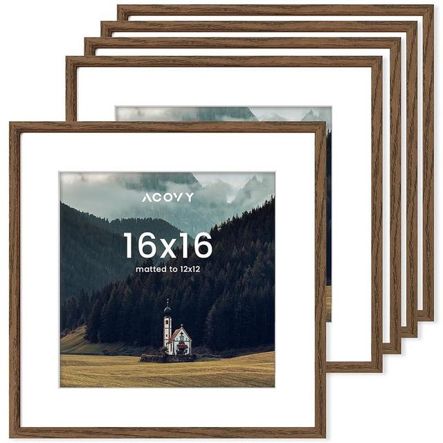Acovy 16x16 Square Picture Frames Set of 5, 16 x 16 Photo Frame with Mat for 12x12 or 16x16 without Mat, 16"x16" Picture Frame with HD Plexiglass, 16 by 16 Frame for Wall or Tabletop Display, Walnut