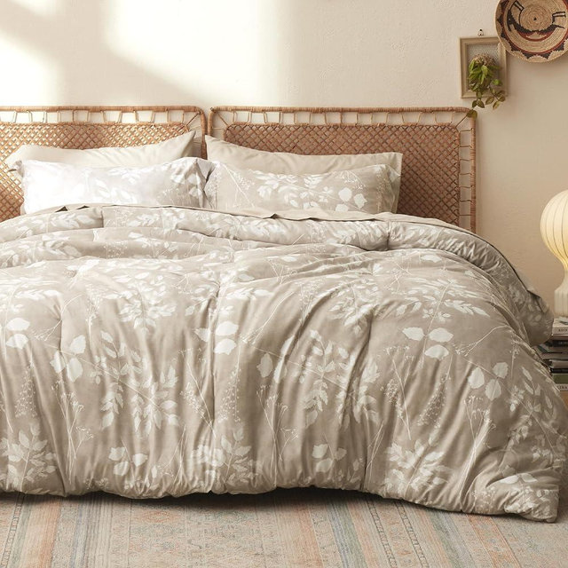 Bedsure Queen Comforter Set - 7 Pieces Floral Beige Soft Bedding Sets, Queen Bed in a Bag with Botanical Flowers Comforter, Sheets, Pillowcases & Shams