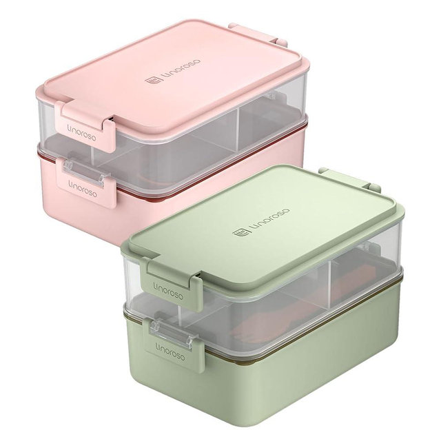 linoroso 2 PCS Stackable Bento Box Adult Lunch Box | Meet All You On-the-Go Needs for Food, Salad and Snack Box, Premium Bento Lunch Box for Adults Include Utensil Set, Dressing Containers