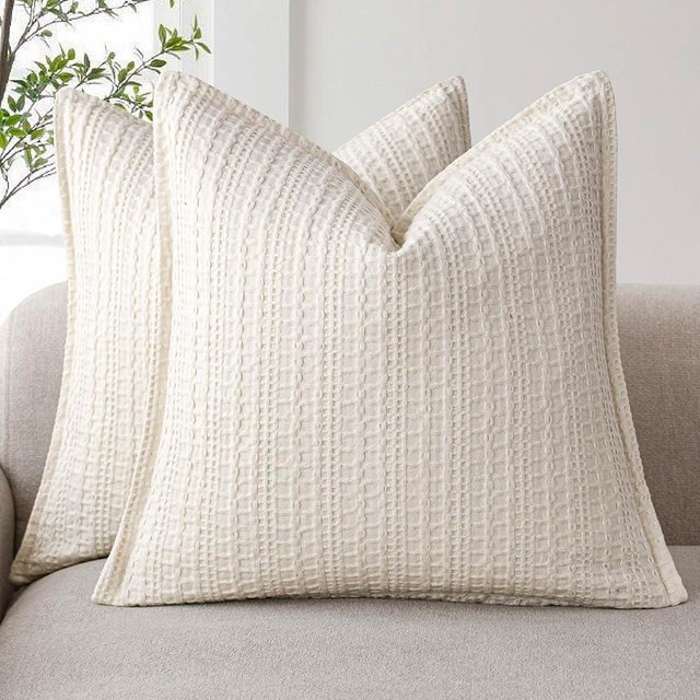 Foindtower Set of 2 Decorative Cotton Waffle Weave Throw Pillow Covers Euro Shams Cushion Covers Accent European Pillowcase for Bed Couch Sofa Bedroom Living Room Home Decor 18×18 Inch Natural Ivory