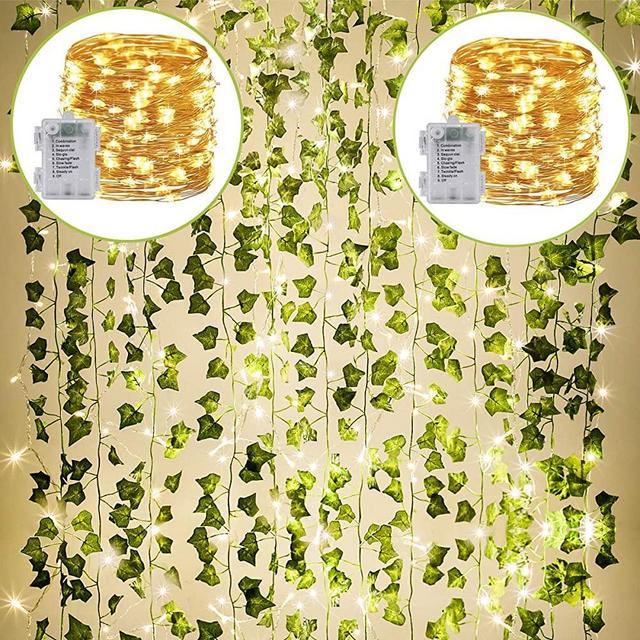 KASZOO 24Pack / Each 82 inch, Artificial Ivy Garland Fake Plants with 160 LED String Light, Green for Wedding Party Garden Outdoor Greenery Wall Decoration
