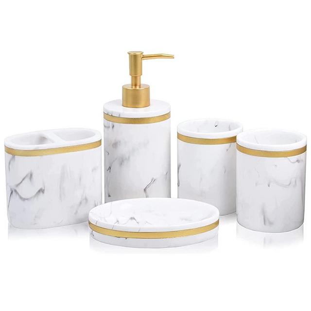 5-Piece Bathroom Counter Top Accessory Set - Dispenser for Liquid Soap or Lotion, Soap Dish, 2 Tumblers and Toothbrush Holder, Marble Imitated Resin (Classic White)
