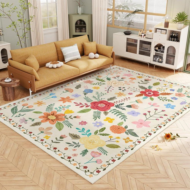IKALIFE Machine Washable Area Rugs 5X7 - Washable Floral Rugs with Non Slip Backing for Living Room Bedroom Dining Room Stain Resistant, Floral Soft Low-Pile Large Rugs for Playroom, Beige