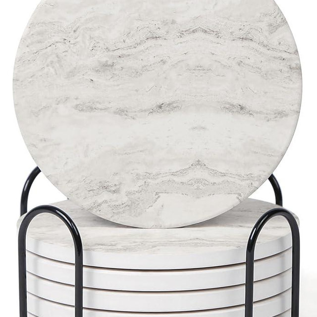 Hoomey Set of 6 Off White Abstract Onyx Marble Coasters with Holder, Absorbent Ceramic Drink Coasters for Table Protection, Coffee Table Decor