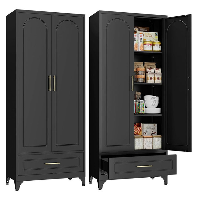 SteeLoong Metal Storage Cabinet with Drawers,75Inch Black Pantry Cabinets for Kitchen Storage with 3 Adjustable Shelves,Tall Kitchen Pantry Cabinet for Living Room, Dining Room，Office