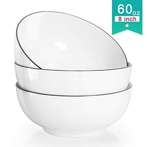 Salad Soup Ramen Bowl, 60 Oz Super Large Stackable Round White Fine Porcelain Cereal Pasta Serving Bowl Sets, 3 Pack