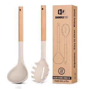 Silicone Pasta Fork and Ladle Spoon Set with Wooden Handle, Heat Resistant Non Stick Kitchen Utensils for Cooking, Stirring, Serving Spaghetti, Soup, Sauce(KHAKI)