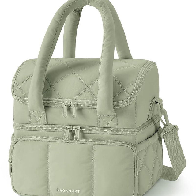 BAGSMART Lunch Bag Women, Double Deck Insulated Lunch Box, Quilted Puffer Lunch Tote, Leakproof, Durable & Reusable Large Lunch Cooler For Work Picnic Travel Meal Prep, Sage Green