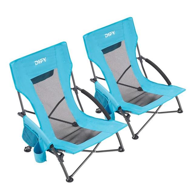 DIFY Folding Beach Chair 2 Pack, Lightweight with Storage Bag and Cup Holder, Comfortable and Portable, for Carry or Backpack, Low Beach Chair for Outdoor Activities, Camping, Beach, Events. (Blue)