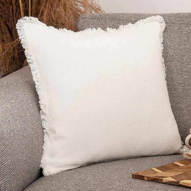 INSPIRED IVORY Linen Throw Pillow Cover 20x20 Inch - Off White Pillow Cover with Tassel Trim - Decorative Rustic Pillow Cushion Cover for Sofa, Couch, Bed Decor, Single Sham (50x50cm)