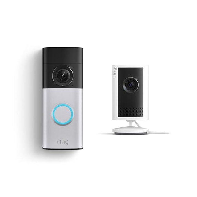 Ring Wired Doorbell Plus (Newest Model), Nickel Silver with Indoor Cam Plus (Newest Model), White