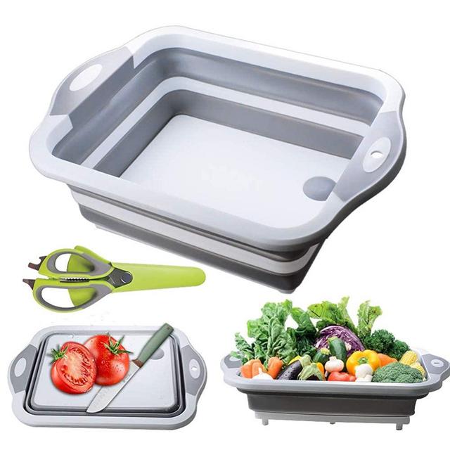 Collapsible Cutting Board, Portable Washing Veggies Fruits Food Grade Camping Sink with Draining Plug and Multifunction kitchen scissors- Foldable Multi-function Kitchen Plastic Silicone Dish Tub