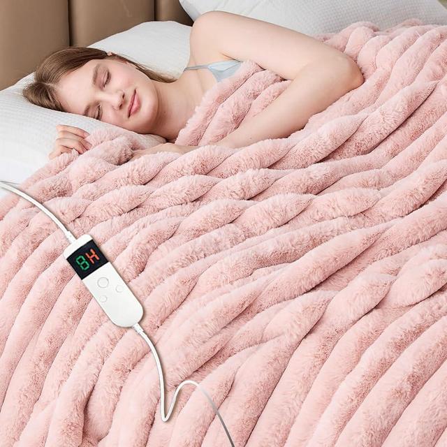 Qieryun Heated Blanket Electric Thick Striped Flannel Heating Blanket Throw Blanket 50"x60",10 Heat Settings, 1-12 Hour Auto Off, Fast Heating Heating Blanket with Overheat Protection.