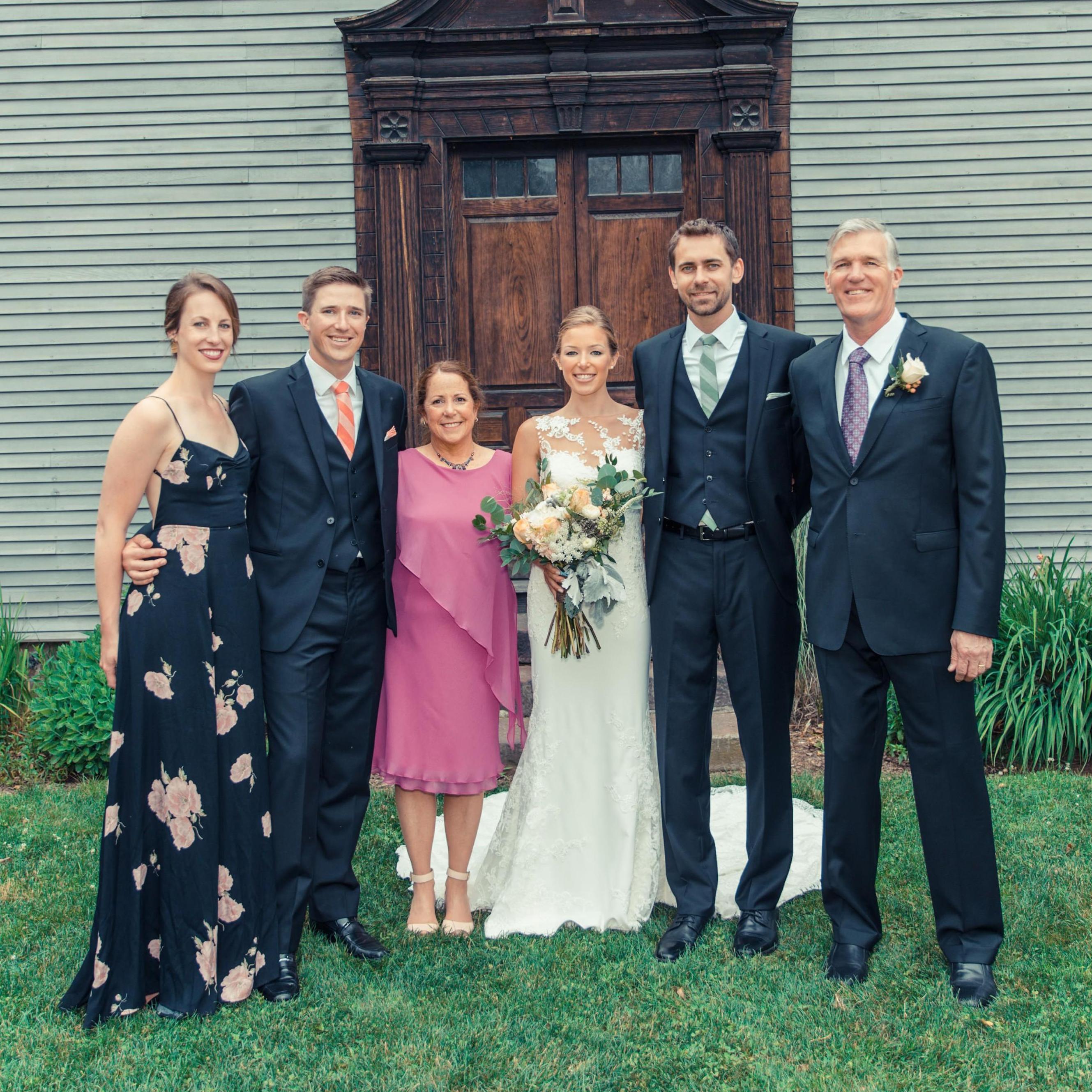 The Finan family at Rachel and Ryan's wedding in Deerfield, MA. From Left to Right, Em, Than, Laurie (MOG), Rachel, Ryan, and Keith (FOG)