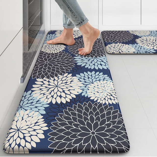 Anti Fatigue Kitchen Mats 2PCS,Boho Kitchen Rugs Non Slip Rubber Backing,Farmhouse Waterproof Kitchen Mat for Floor,Cushioned Standing Mat for Kitchen,Laundry,Sink,Desk,Mutil-Blue