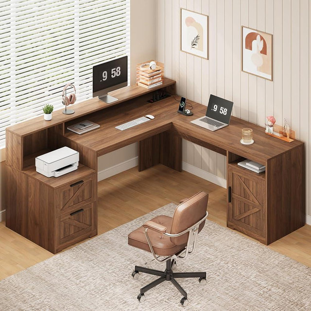 YOMILUVE 63" Farmhouse L Shaped Executive Desk with Drawers & Storage Shelf, Corner Computer Desk with Power Outlets, L Shaped Office Desk with Monitor Stand, Printer Shelf, Brown