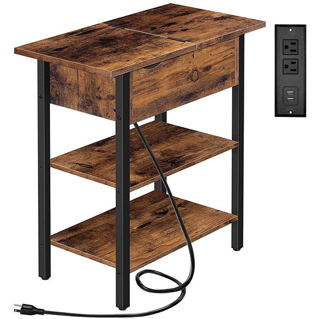 HOOBRO Side Table, Flip End Table with Charging Station and Shelves, USB Ports & Power Outlets, Narrow Nightstand for Small Spaces, Stable and Sturdy, for Living Room, Bedroom, Rustic Brown BF341BZ01