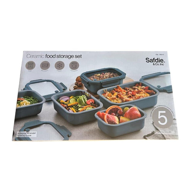 Safdie Ceramic Food Storage Set, 5 Containers with Glass Lids, Leak-Free Kitchen Containers (Blue)