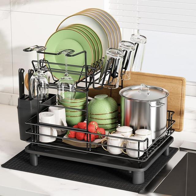 JASIWAY 2 Tier Black Large Stainless Steel Dish Drainers Drying Rack for Kitchen Counter with Drainboard, Rust Proof Metal, Space Saving, Modern Aesthetic, Compact Plates Strainers with Extra Mat