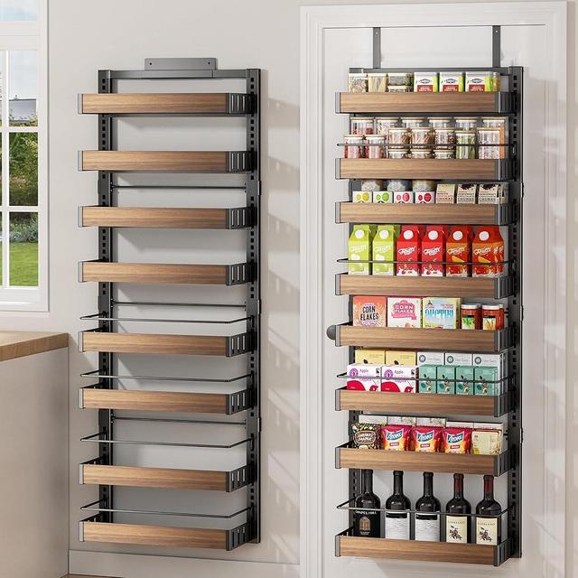 POKIPO 8 Tier Over The Door Pantry Organizer, 2 IN 1 Wall Mount or Hanging Spice Rack Seasoning Shelves with Adjustable Basket, Back of Door Organizer and Storage for Kitchen Cabinet and Room Closet