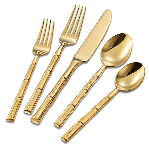 Flatasy Flatware Set Gold Forge Bamboo Mirror 20-Piece Silverware Set Stainless Steel Cutlery Dinnerware Service for 4