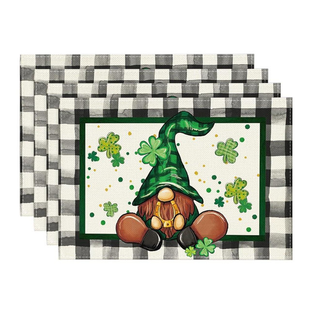 Artoid Mode Buffalo Plaid Gnome Shamrock St. Patrick's Day Placemats Set of 4, 12x18 Inch Seasonal Spring Table Mats for Party Kitchen Dining Decoration