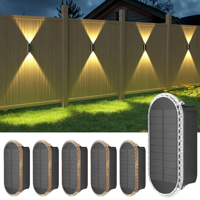 Ellasay Solar Fence Lights Outdoor,6-Pack Solar Powered Wall Lights Up and Down Waterproof IP65,3 Color Brighter LED Focus Lens SolarLights Dusk to Dawn 12h for Patio,Backyard,Porch,Railing