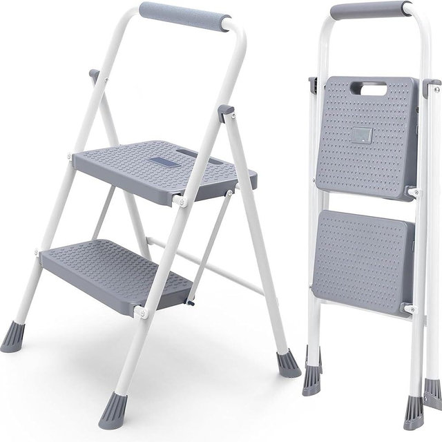 NEWBULIG 2 Step Ladder, Folding Step Stool with Safety Lock, Anti-Slip Design, Portable Foldable Ladder for Home Kitchen, Grey