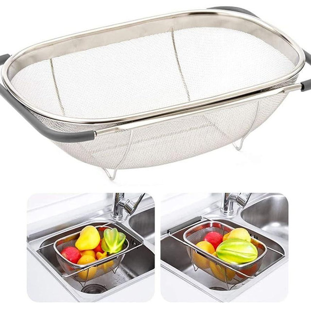 AJIODA Over The Sink Colander, 6 Quarts Stainless Steel Oval Colander with Expandable Rubber Grip Handle, Fine Mesh Strainer Baskets Kitchen Colander for Strain, Drain, Rinse Vegetables, Fruits, Grey
