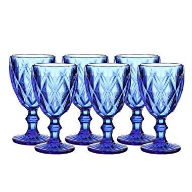 Colored Glass Drinkware 10 Ounce Water Glasses Cobalt Blue Diamond Pattern Set of 6