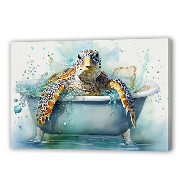 QIXIANG Sea Turtle Bathroom Wall Art Funny Sea Turtle in Bathtub Canvas Painting Art Ocean Animal Watercolor Pictures Framed Ready to Hang (Sea Turtle 2, 20.00" x 30.00")
