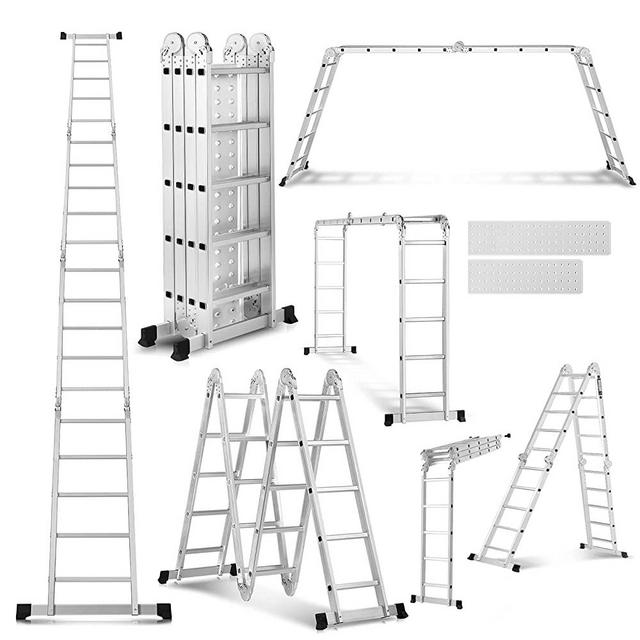 19.5 ft Folding Ladder Heavy Duty Step Tall Ladders with 2 Platform Plates Multipurpose Aluminum Extension Scaffolding Platform, 330 lbs (Sliver)