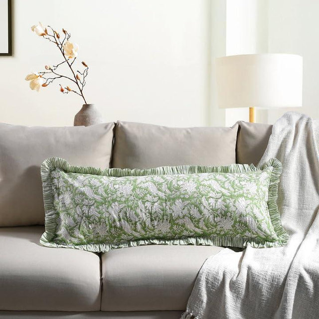 CPC Olive Green 100% Cotton Block Print Ruffle Sham Cover 14x36 inch, Handmade Boho Floral Pillowcase, Farmhouse Cottagecore Bedding, Soft Decorative Cushion Cover for Bedroom Décor
