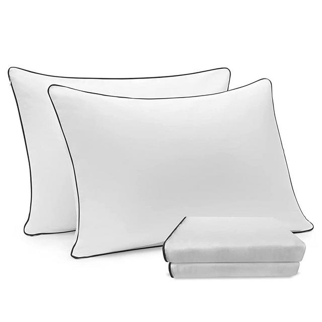 Bedemu Pillow Cases Queen Size Set of 2, Hidden Zippered White Queen Pillowcases with Black Piping, 20 x 30 Inch 600 Thread Count Cotton Pillow Protectors (Pillow Covers), Cooling and Soft, 2 Pack