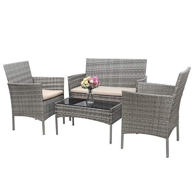 Greesum GS-4RCS4BG 4 Pieces Patio Outdoor Rattan Furniture Set, Gray and Beige