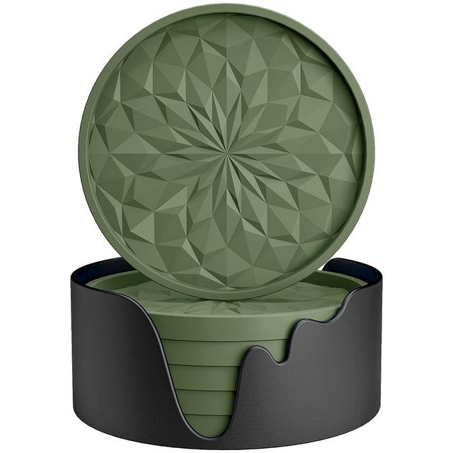 ME.FAN Silicone Coasters [6 Pack] Coasters with Holder - Drinking Coasters - Cup Mat for Drinks - Live for Hot or Cold Drink Thickened, Non-Slip, Non-Stick, Deep Tray Olive Green