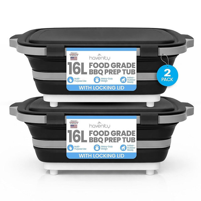 Havenity BBQ Prep Tub 2 Pack (16L+16L) - Multifunctional Collapsible Camping Cutting Board with Upgraded Locking lid, Meal Prep Meat Storage Container Perfect for Grilling, Outdoor Cooking (XL x 2)